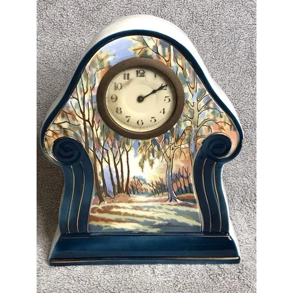 Vintage Landscape Painted Pottery Mantle Clock Germany Decor Art Nouveau